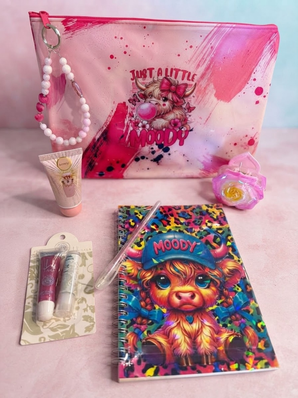 Kids Pink Cosmetic Bag & Notebook Set